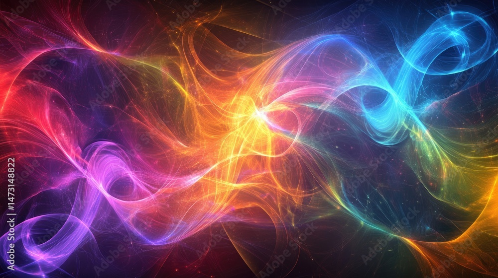 Poster abstract digital wave effects in vibrant colors, flowing seamlessly with intricate patterns and glow