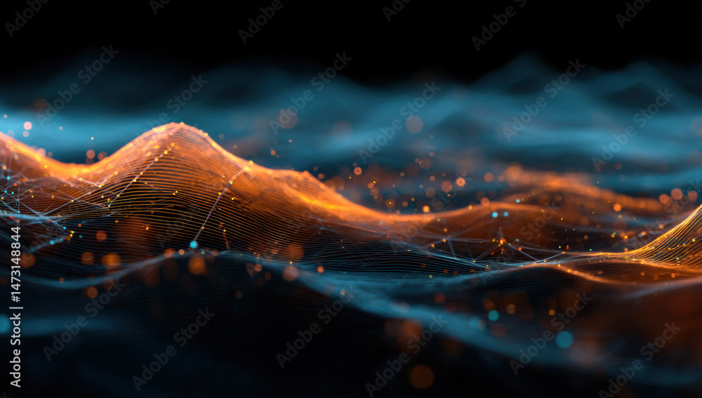 Poster Abstract digital landscape with glowing orange and blue particles, forming a network mesh over undulating terrain.  Perfect for technology, data, or network concepts. : Generative AI