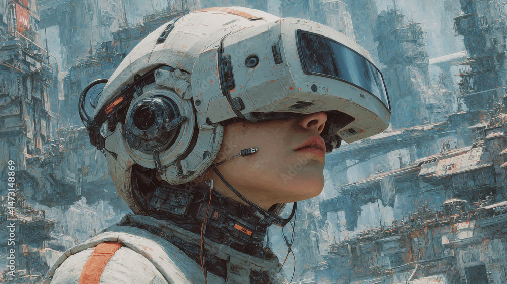Poster a futuristic woman wearing a high-tech vr helmet observes a decaying cityscape, a blend of decaying 