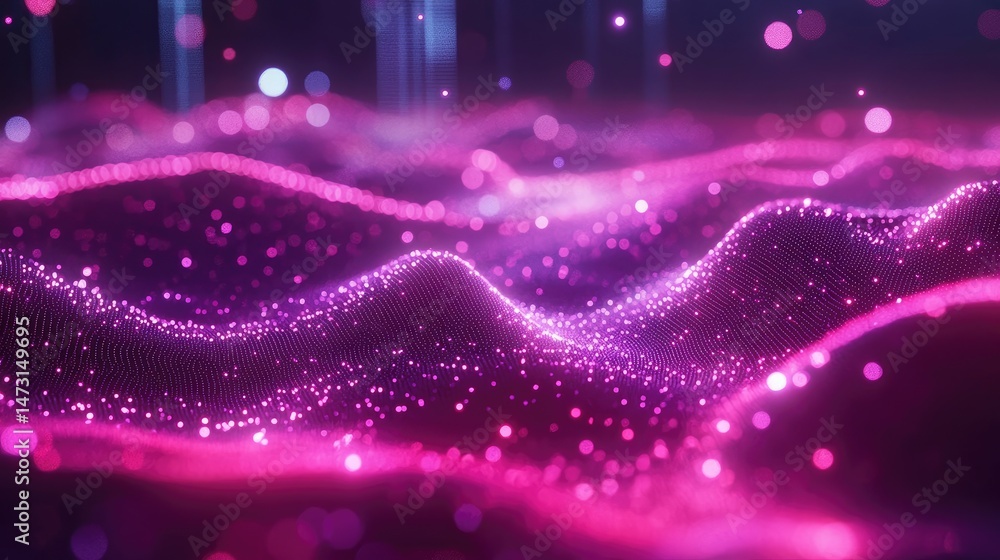 Poster abstract glowing digital waves forming a continuous pattern with smooth curves, symbolizing the flow