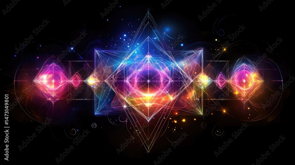 Poster abstract holographic technology design with glowing geometric shapes and interconnected digital elem