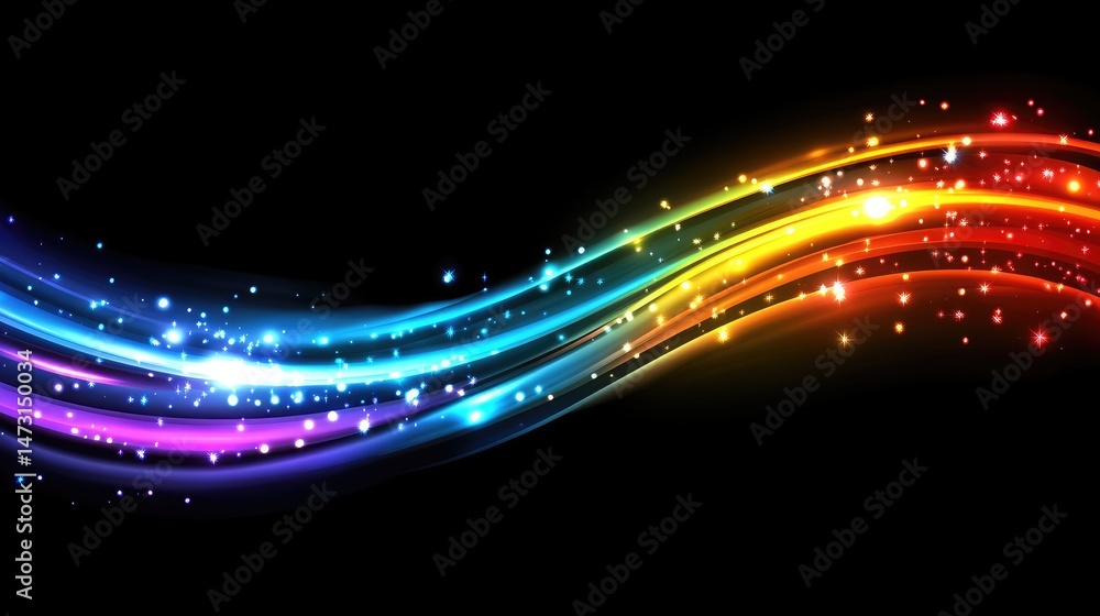 Poster abstract neon waves of light with soft glowing trails, representing the intersection of technology a