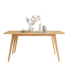 A set of modern Scandinavian dining tables with clean lines and warm wood tones, isolated on a transparent background