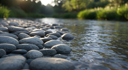 Smooth river rocks meet flowing water