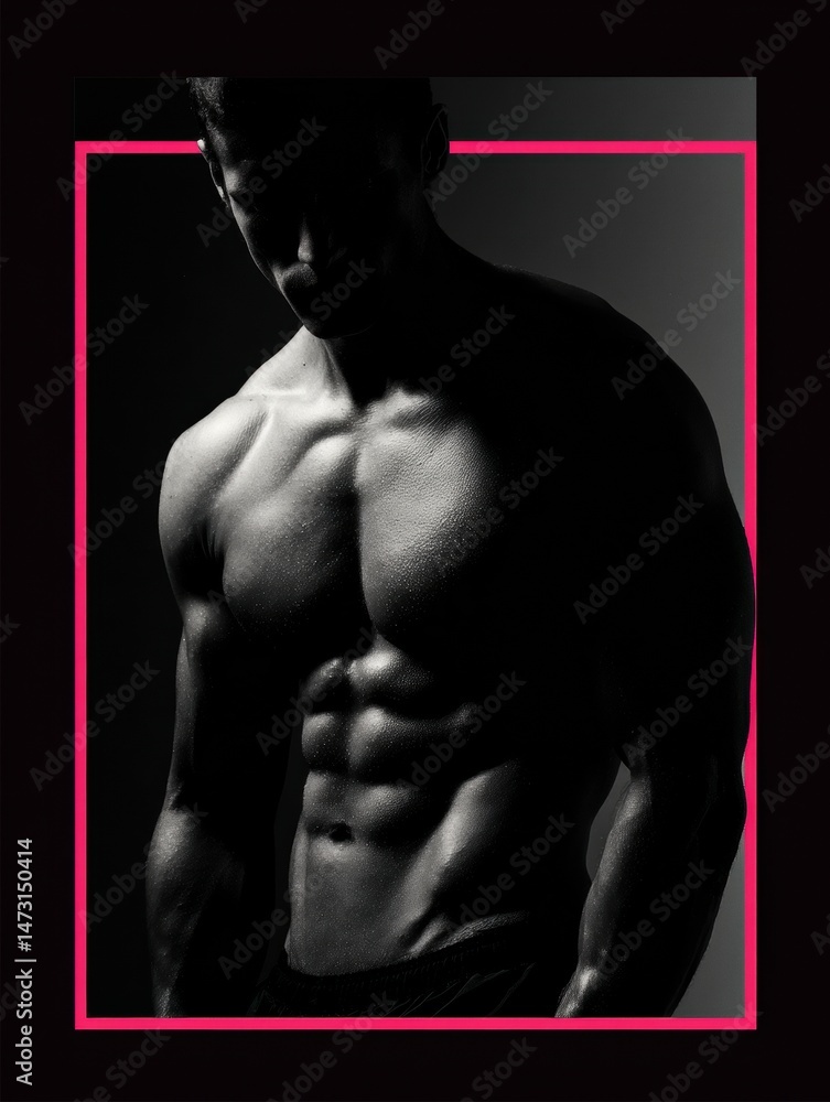 Poster muscular silhouette showcasing strength and definition against a dark background with highlighting e