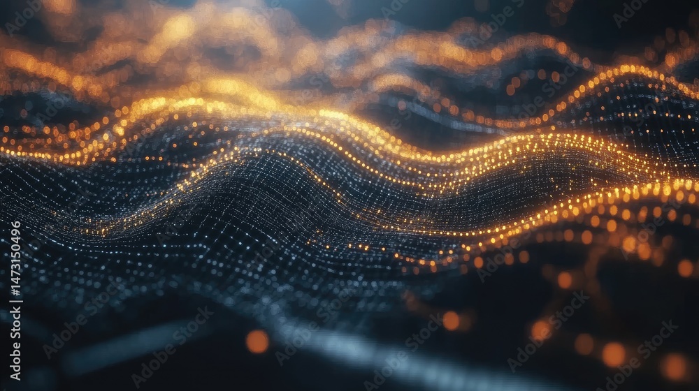 Poster abstract tech-inspired design with glowing waves of light and sharp geometric lines floating in spac