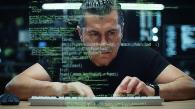 Professional programmer works on complex code in a high-tech environment during late night hours