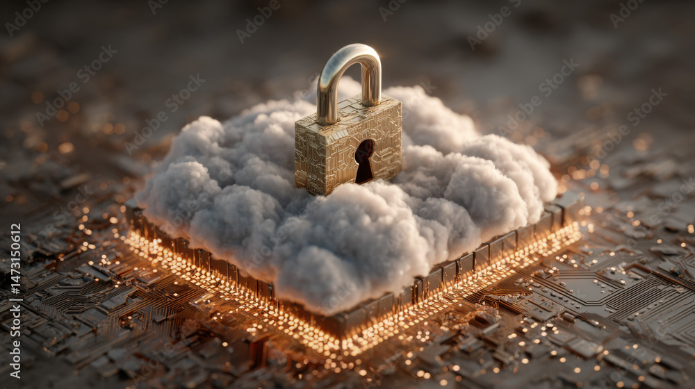 Poster A golden padlock rests atop a cloud formation situated on a glowing circuit board, symbolizing secure cloud computing and data protection. : Generative AI