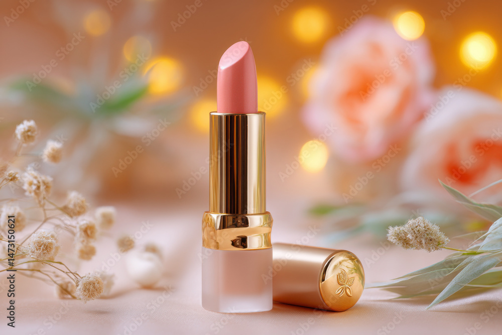 Poster elegant peach lipstick tube with gold accents, rests on a soft pink surface adorned with delicate dr