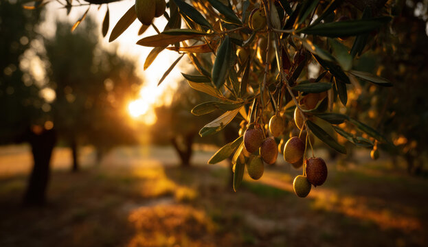 Golden hour sunlight illuminates ripe olives hanging from a branch on an olive tree in a grove at sunset. : Generative AI