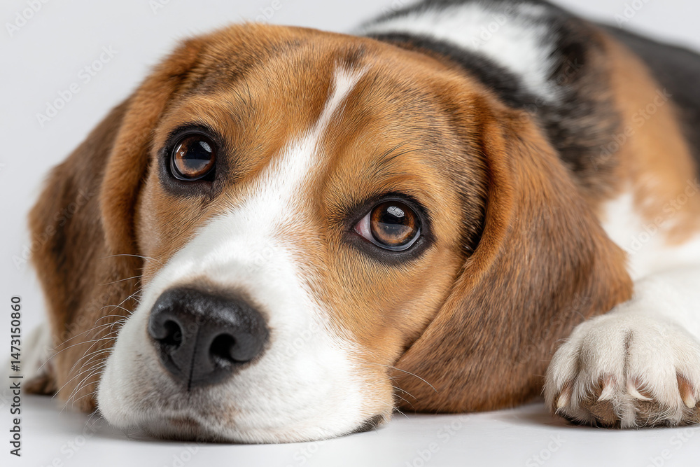 Poster close-up portrait of a beagle puppy lying down, showcasing its expressive brown eyes and soft fur. t