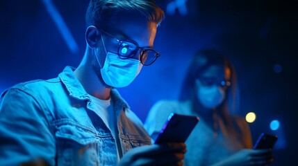Focused teens engrossed in their phones in a vibrant, dimly lit space, wearing face masks