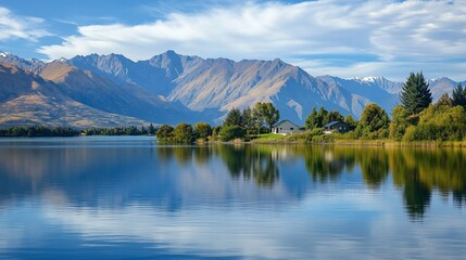 Picturesque Lake Scene with Mountain Backdrop in Natural Light