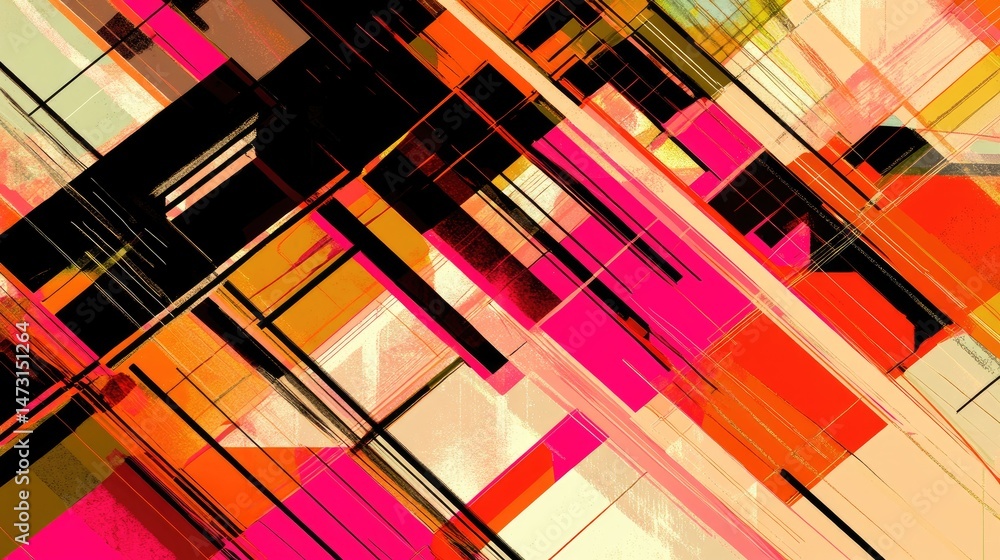 Poster an abstract geometric design with intersecting lines, angles, and color blocks arranged in a complex