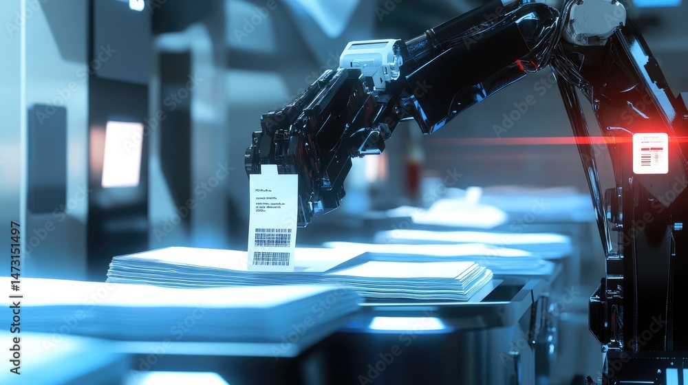 Poster automated robotic arm placing documents into trays with barcode scanner and sort system active