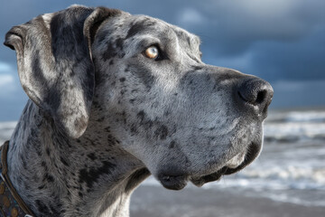 Majestic harlequin great dane profile, gazing at ocean waves under a dramatic sky.  The dog's fur shows a mix of grey and black patches. : Generative AI