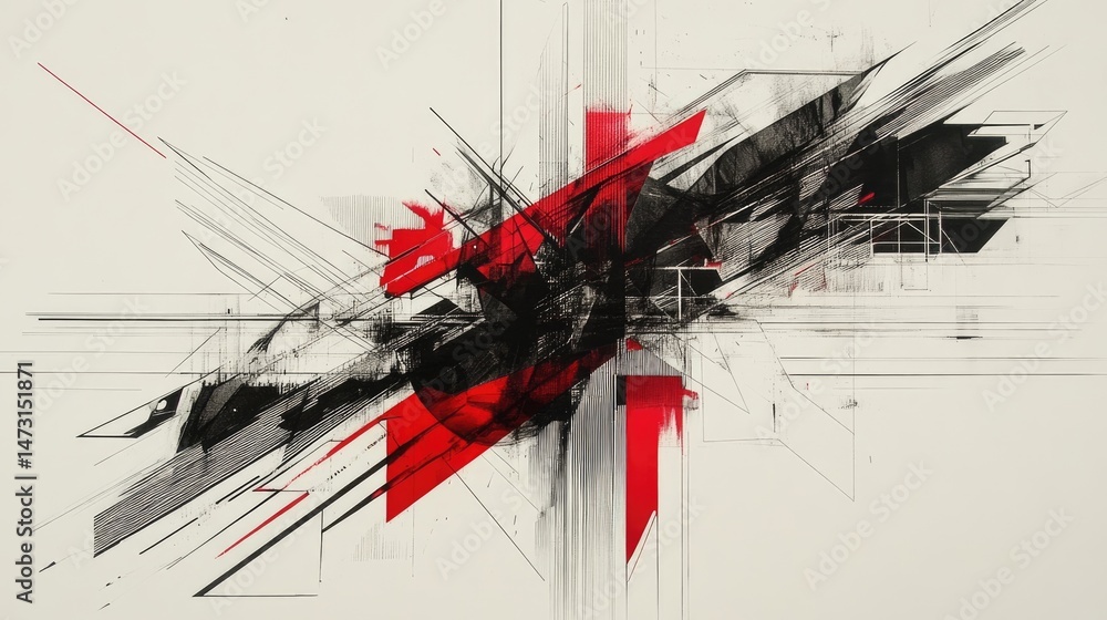 Poster a collection of geometric shapes and lines arranged in a layered pattern, creating a dynamic visual 