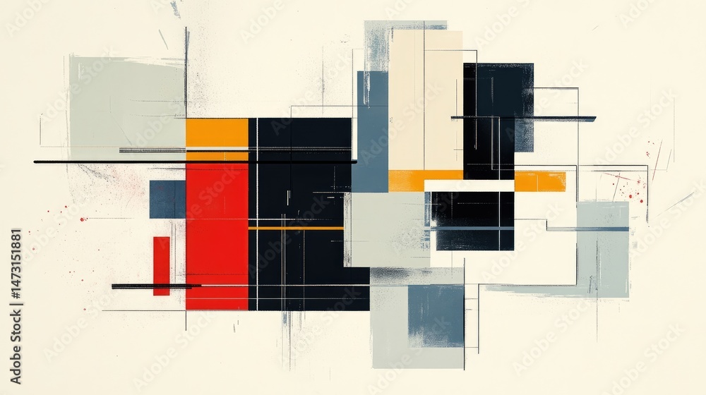 Poster a collection of geometric shapes and lines arranged in a layered pattern, creating a dynamic visual 