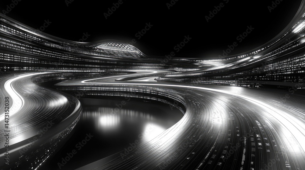 Poster a digital web of glowing interconnected data streams, floating patterns, and futuristic shapes creat