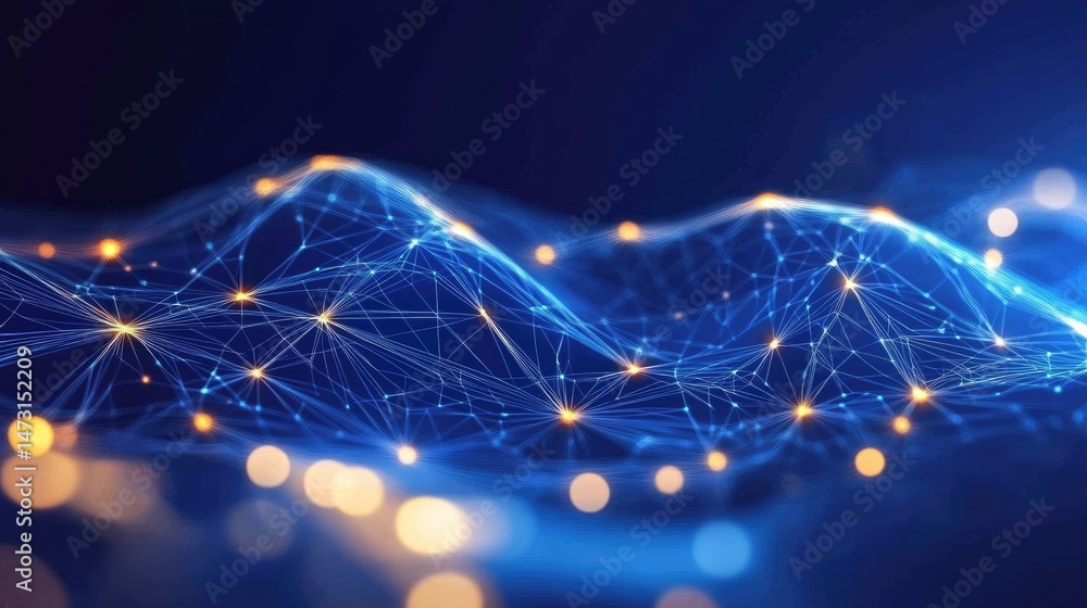 Poster a futuristic cityscape with glowing lines and digital grids floating in an abstract, high-tech desig