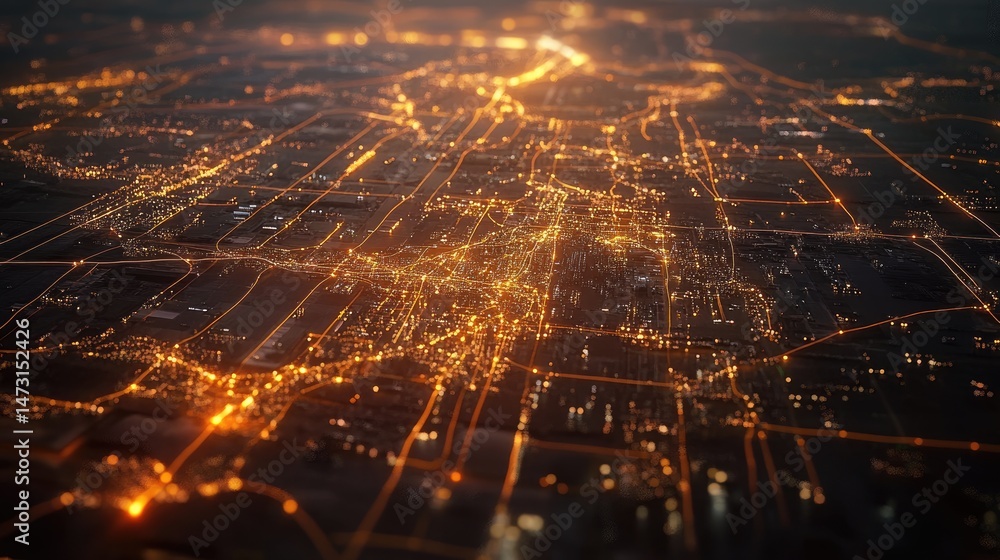 Poster a glowing digital world map with interconnected nodes and lines symbolizing global technology and da