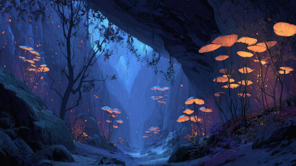 Enchanted glowing mushroom forest path within a mystical blue cave, digital art illustration. : Generative AI
