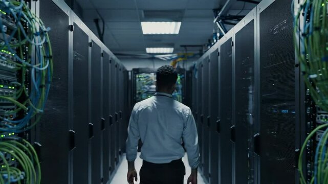 A Black Male IT Technician in a Server Room Managing Network Equipment and Cables Amidst High-Tech Infrastructure and Digital Systems in a Modern Data Center