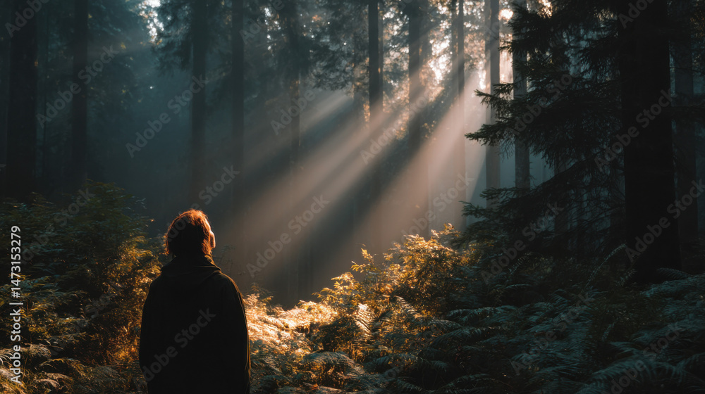 Aufkleber person standing in a sunlit forest, rays of light illuminating the trees and undergrowth, creating a