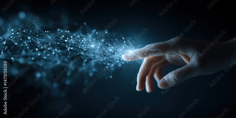 Poster A hand reaches out to touch a glowing, ethereal network of interconnected nodes, symbolizing digital connection and technological advancement in a dark blue setting. : Generative AI