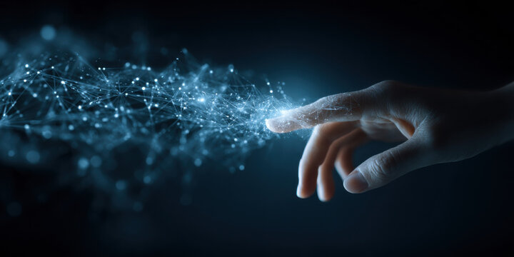 A hand reaches out to touch a glowing, ethereal network of interconnected nodes, symbolizing digital connection and technological advancement in a dark blue setting. : Generative AI - Powered by Adobe