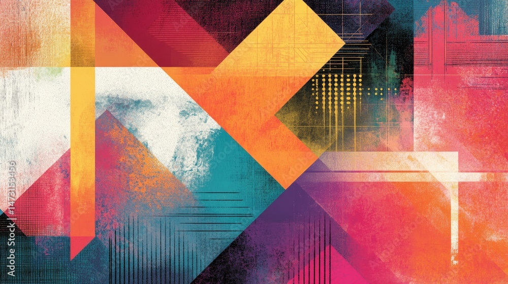 Poster a visually stimulating geometric abstraction featuring a mix of angular shapes, color gradients, and