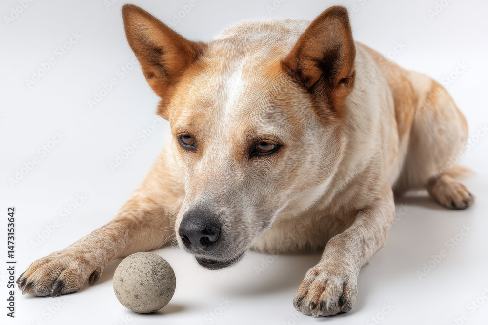 Poster A curious red heeler dog attentively observes a small, grey stone ball on a pristine white surface, its gaze fixed intently on the object. : Generative AI
