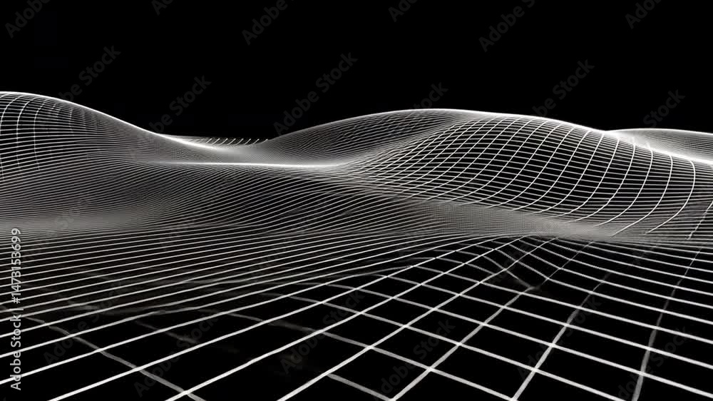 Poster digital landscape abstract waves and monochrome grid surface with depth and movement in futuristic t