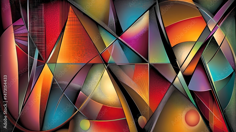 Poster bold overlapping triangles, circles, and lines in bright colors creating a visually striking geometr