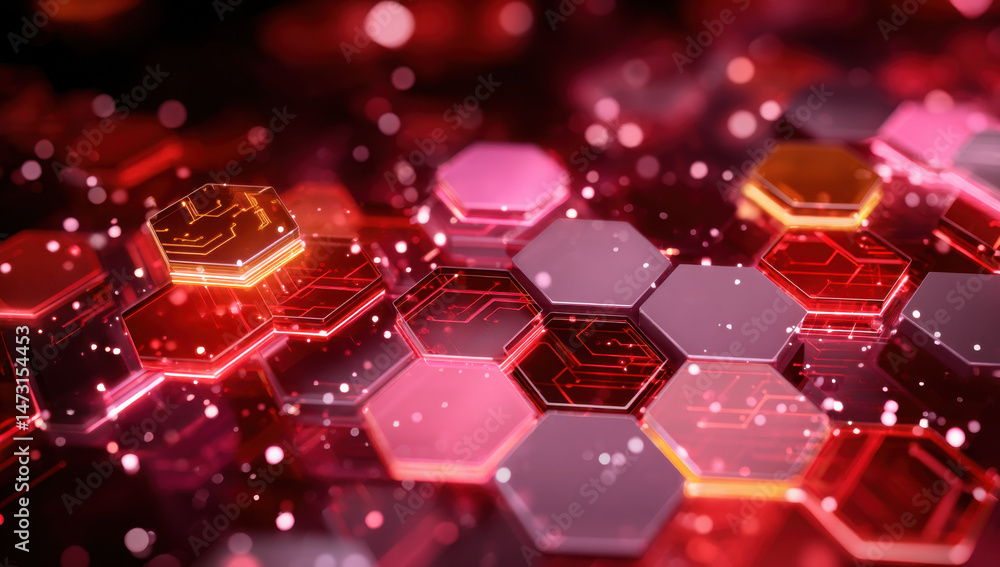 Poster Abstract hexagonal network with glowing red and orange circuits, futuristic technology background, digital data stream, honeycomb pattern, vibrant color scheme. : Generative AI