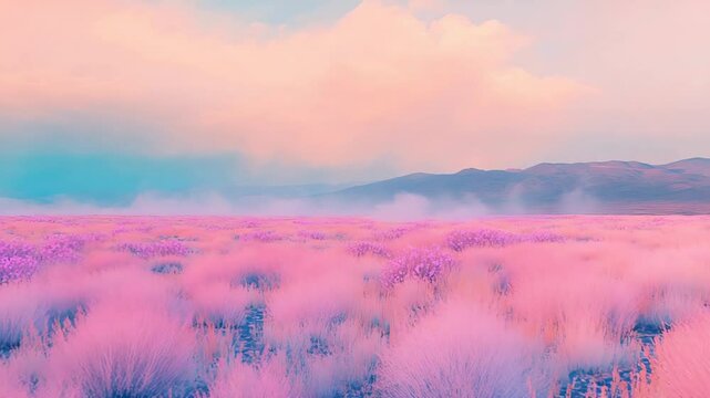 Pastel landscape with pink brushstrokes.