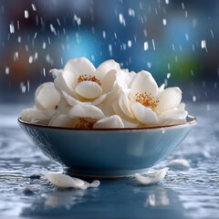 Fototapeta premium A blue bowl holds lovely white roses, water droplets surround it