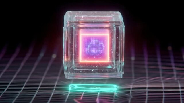 Glowing futuristic cube with neon lights and digital grid background emitting vibrant holographic effect floating above grid
