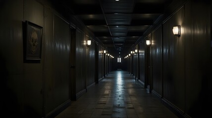 Long hallway with a skull on the wall. There are no people in the hallway. The hallway is dark and empty