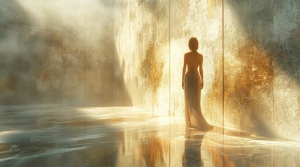 Obraz premium Ethereal Woman in Golden Light, Reflective Floor