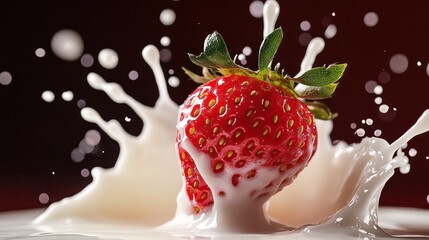 Strawberry splash with white liquid against dark background