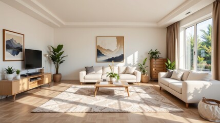 Modern and Cozy Living Room Interior with Natural Light and Stylish Decor