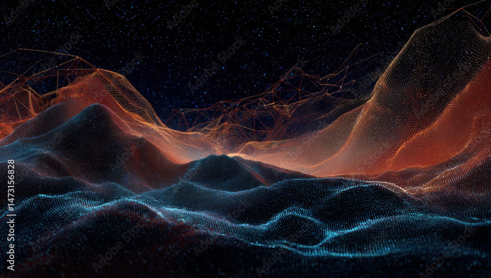 Poster abstract digital landscape with glowing orange and blue particles forming undulating hills against a