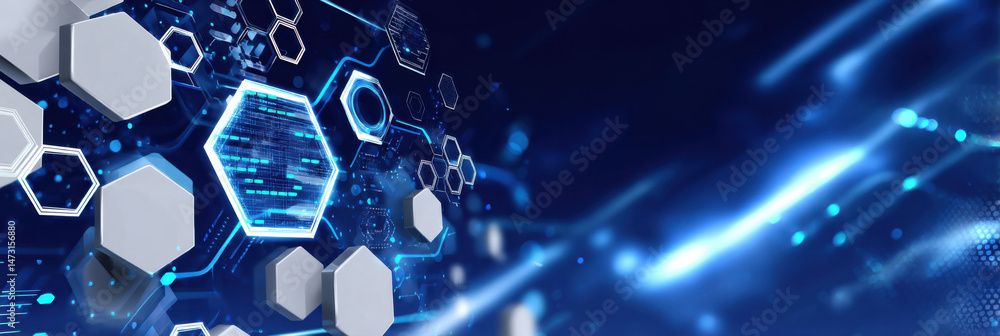 Poster Abstract digital hexagon pattern with glowing blue lines and data streams, futuristic technology background. : Generative AI