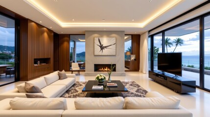 Modern luxury living room with ocean view featuring elegant furniture, large windows, and stylish decor