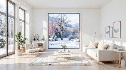 Fototapeta premium Cozy living room with large window showcasing winter landscape and snowy trees in a beautiful mountain scenery