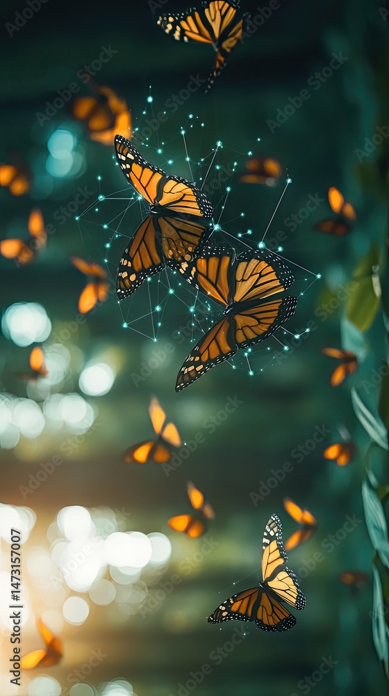 Poster monarch butterflies in flight with digital connection visuals in a lush green setting
