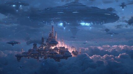 A futuristic city floating in the clouds, with bioluminescent buildings and neon holograms, a blend of cyberpunk and art deco styles.