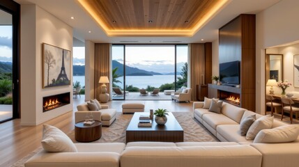Modern Zen Living Room with Scenic View of Lake and Mountains, Cozy Decor, and Elegant Natural Light