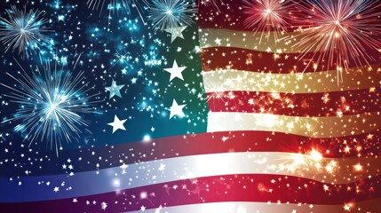 Fireworks explode over American flag